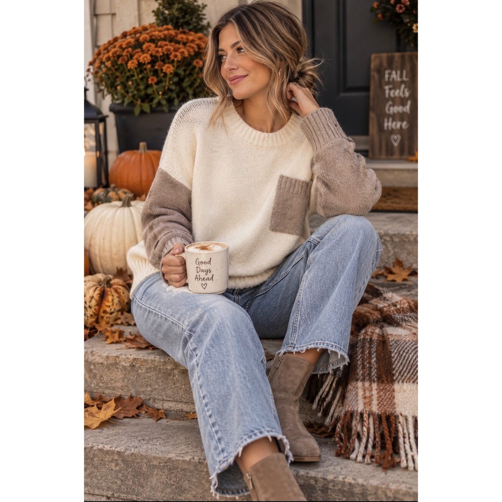 Dreamers by Debut Cream Taupe Colorblock Pocket Sweater Cozy Knit M